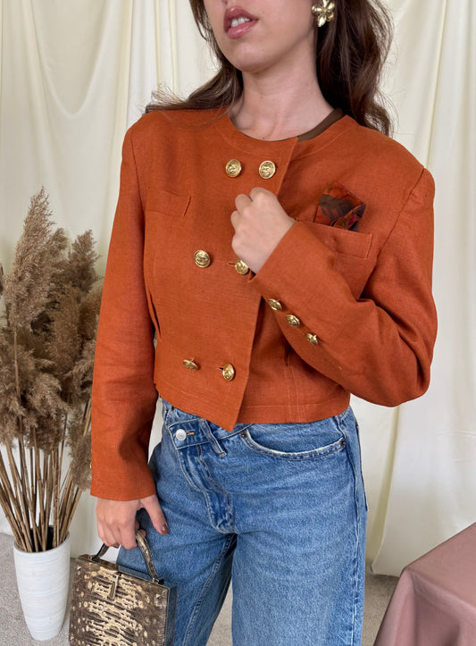 Sacou vintage tip jachetă din 100% in cu nasturi metalici tip bijuterie, lungime crop ( mărimea S/M)