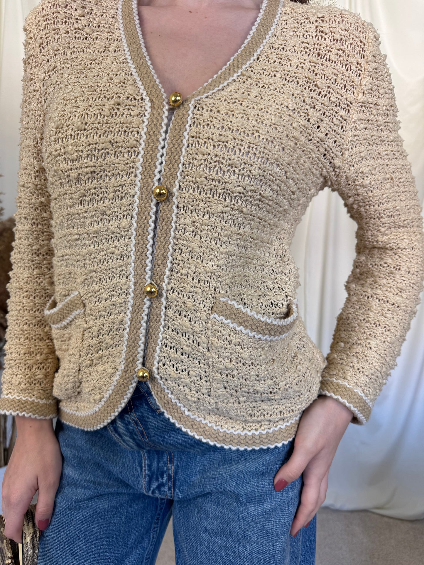 Cardigan superb vintage din bumbac și lână (mărimea S) stil chanel