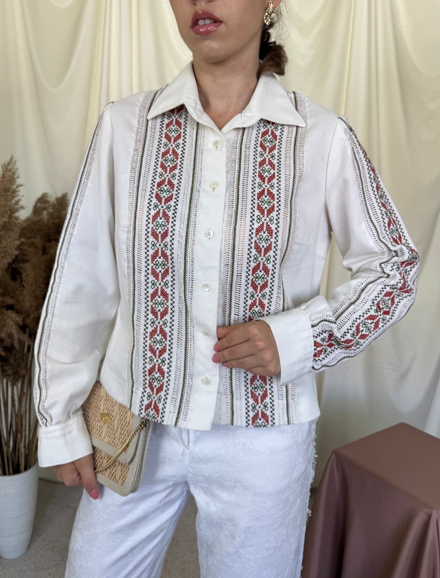 Cămașă vintage unicat din bumbac cu țesătură manuală superbă ( mărimea M)