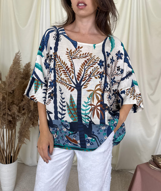 Tricou din 100% in cu print floral, fit oversized- lejer, mărime universală ( S-XXL)