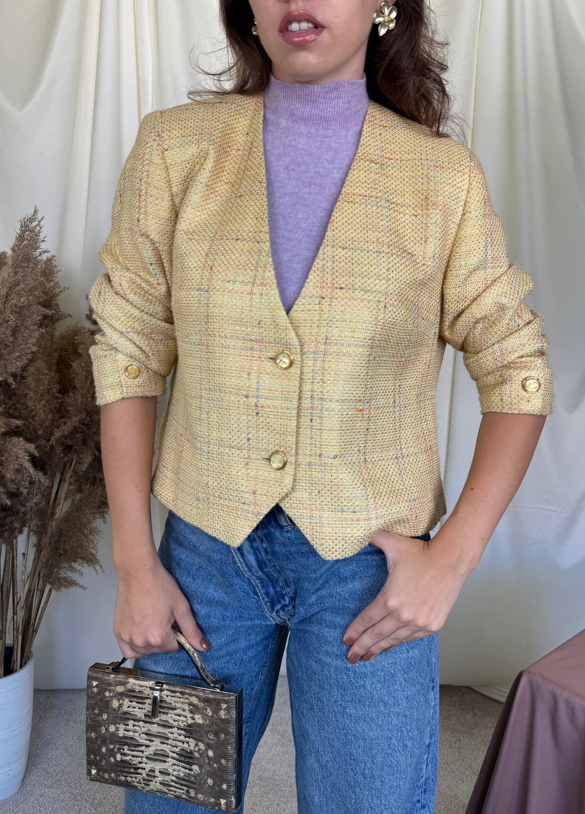 Sacou premium DELMOD în stil chanel din vascoza, bumbac și in cu nasturi bijuterie și mâneci 3/4 ( mărimea M/L)