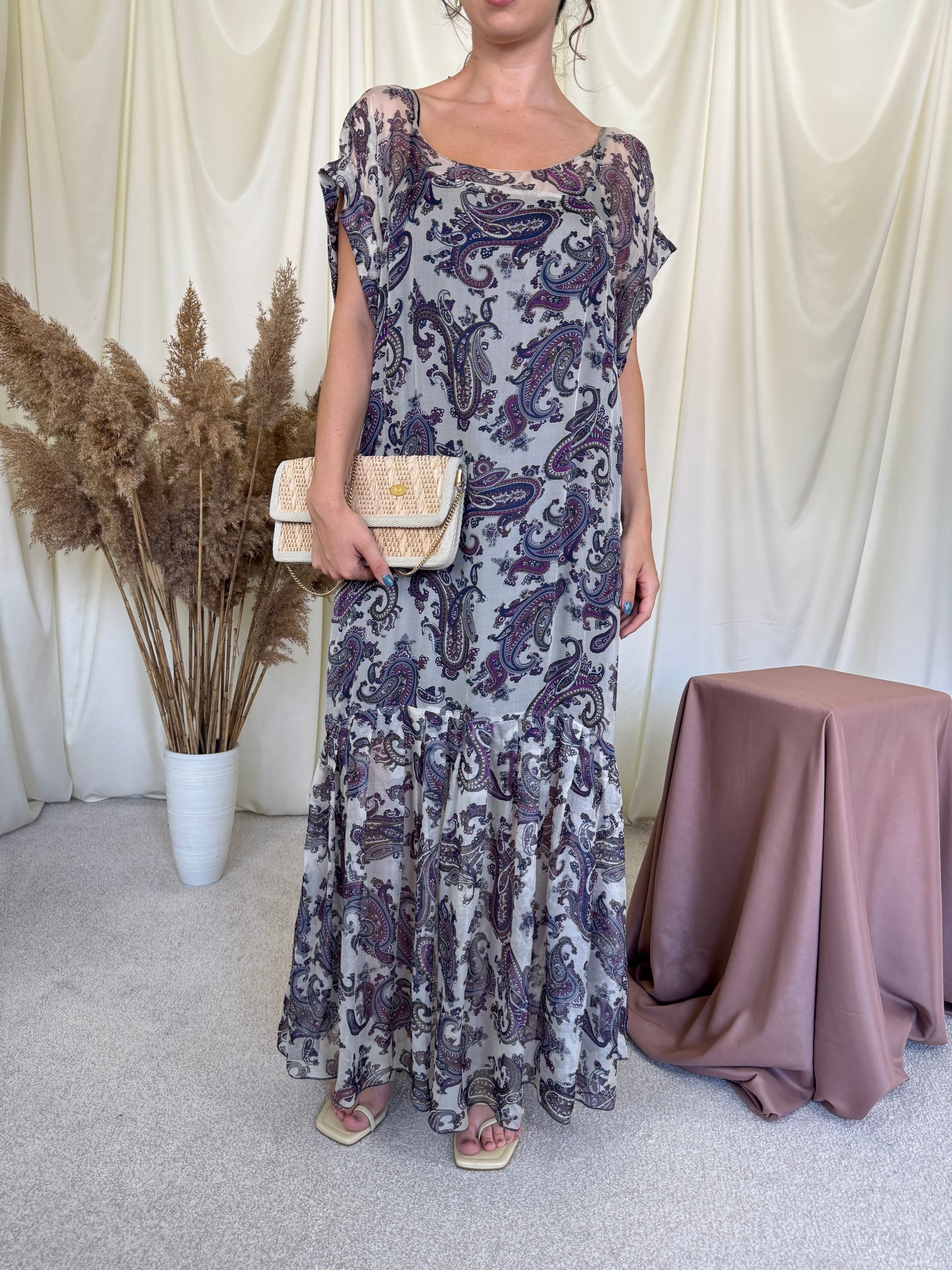Rochie de vară din 100% mătase naturală cu print floral și lungime maxi ( mărimea L-XL)