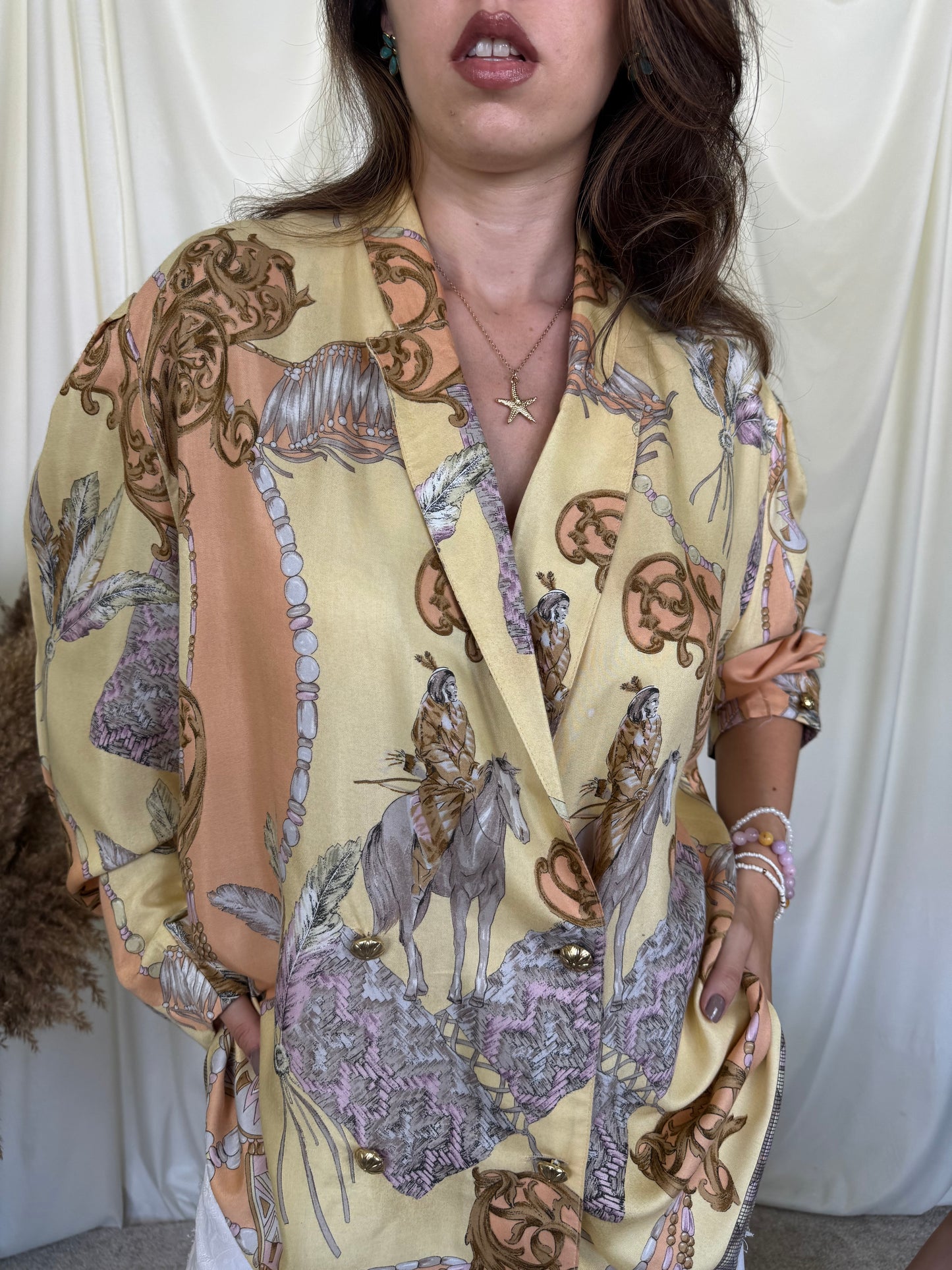 Sacou - cămașă vintage cu print ecvestru și nasturi aurii( mărimea XL)