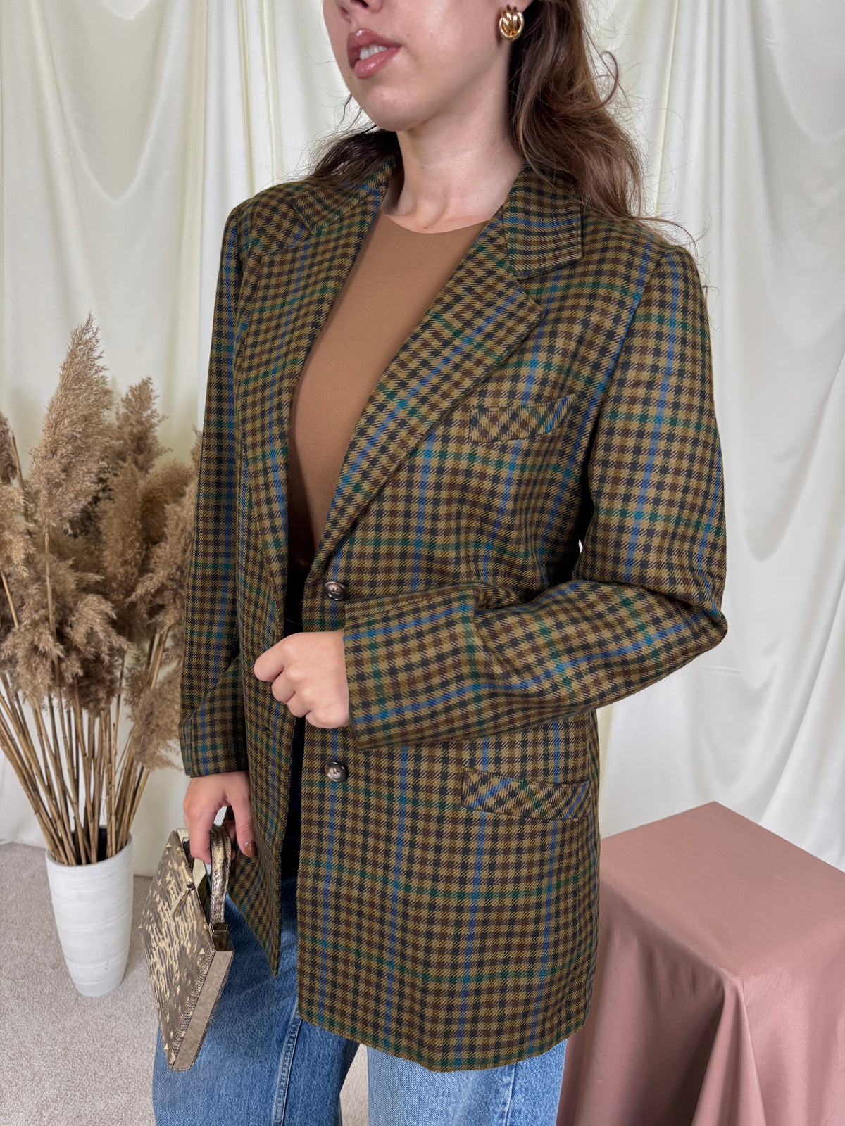 Sacou vintage din 100% lână fină în carouri verzi ( mărimea M)