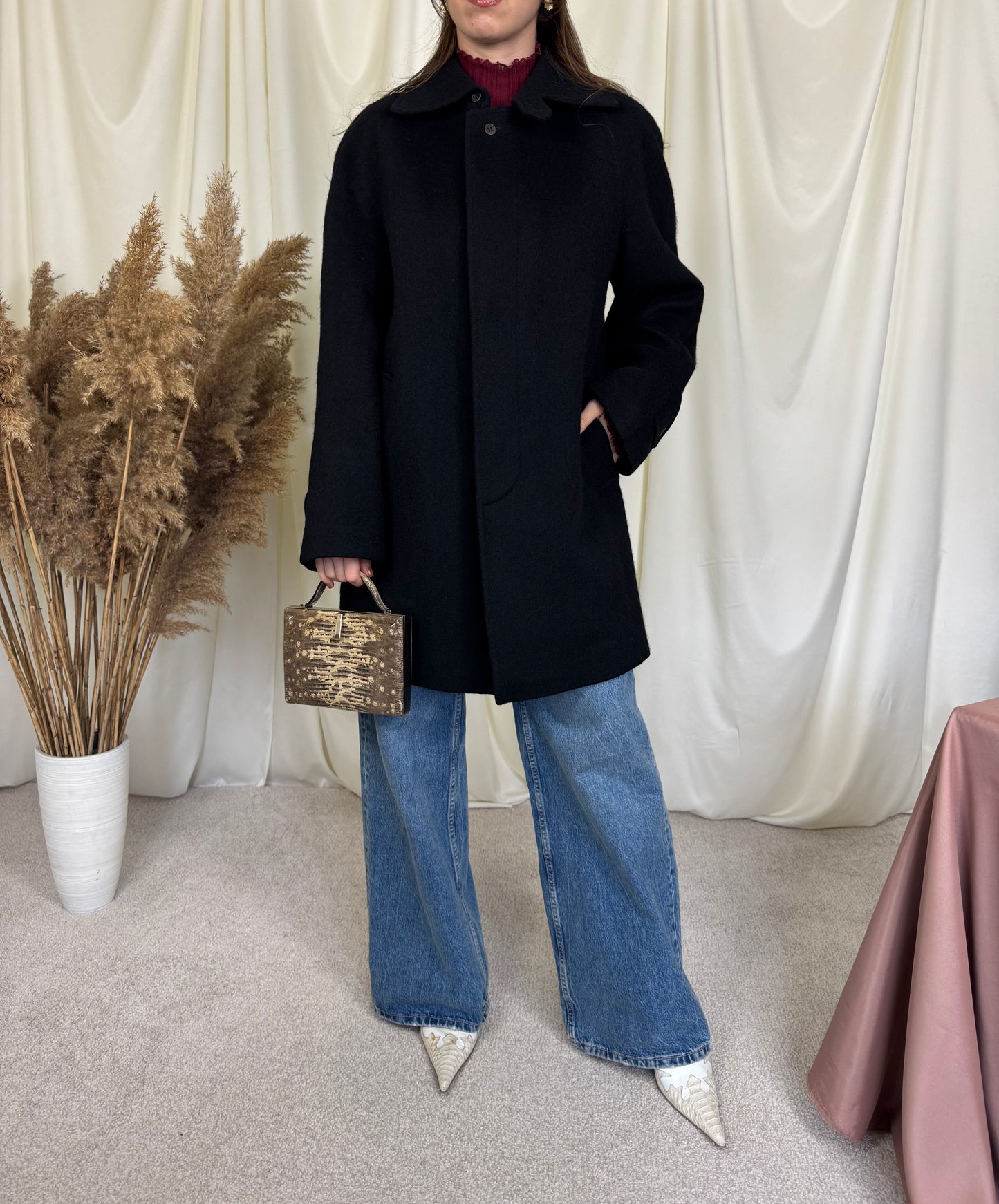 Palton vintage din stofă de lână, minimal, nasturi ascunși, mărimea 40/M-L