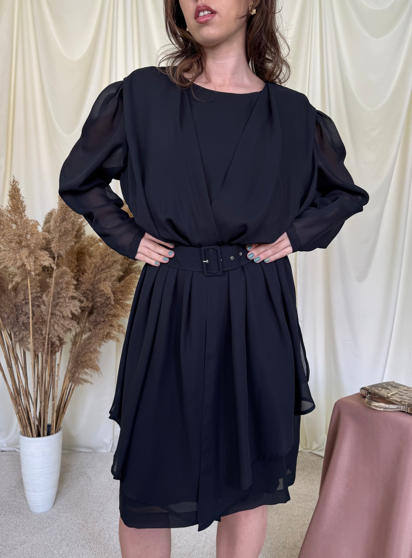 Rochie elegantă vintage cu talie elastică și centura pentru ajustare 
(Mărimea L)