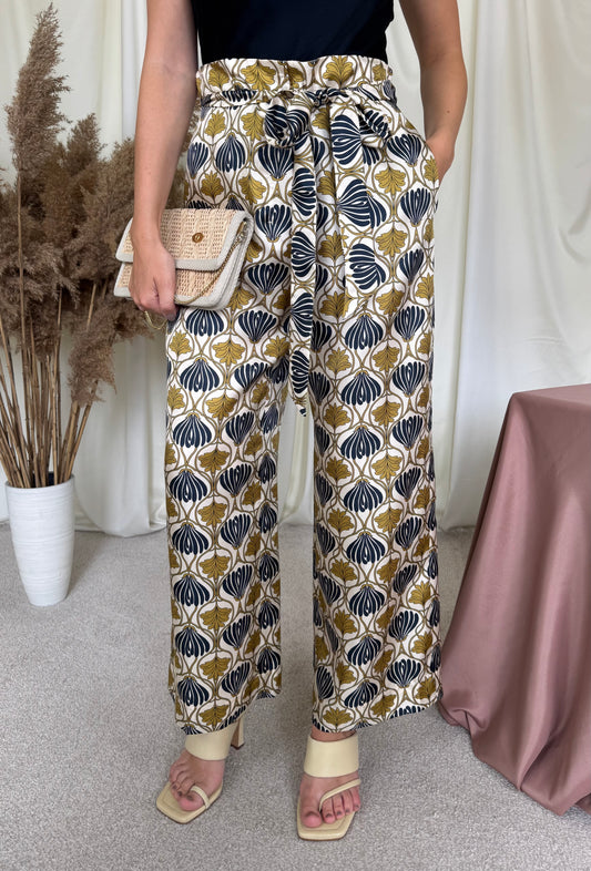 Pantaloni NOI Max Mara din 100% mătase naturală cu print și cordon pentru ajustare( mărimea M)