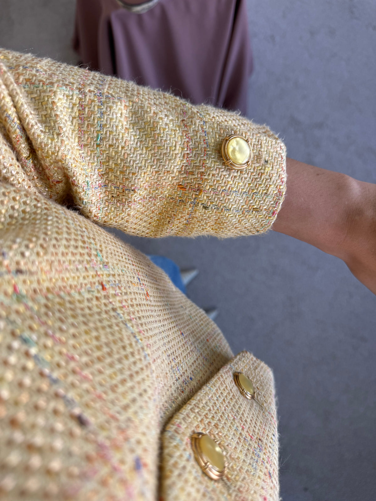 Sacou premium DELMOD în stil chanel din vascoza, bumbac și in cu nasturi bijuterie și mâneci 3/4 ( mărimea M/L)