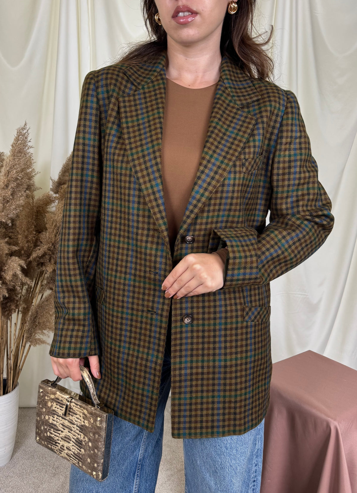 Sacou vintage din 100% lână fină în carouri verzi ( mărimea M)