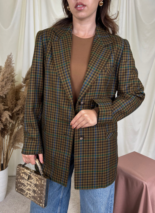 Sacou vintage din 100% lână fină în carouri verzi ( mărimea M)