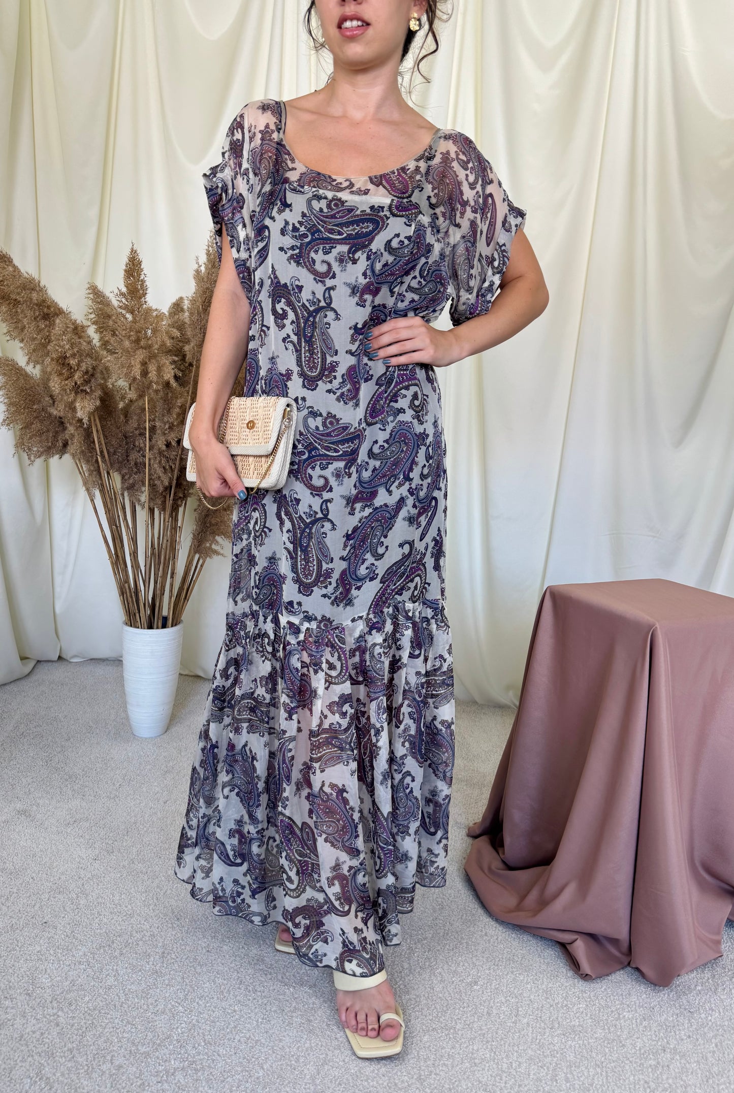 Rochie de vară din 100% mătase naturală cu print floral și lungime maxi ( mărimea L-XL)