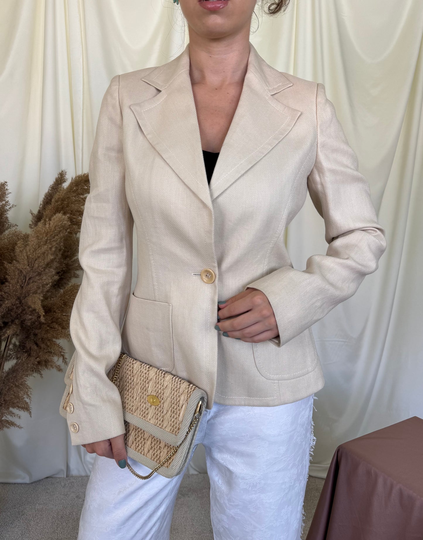 Sacou luxury VALENTINO de vară din cânepă, in și bumbac cu nasturi inscripționați ( mărimea S)