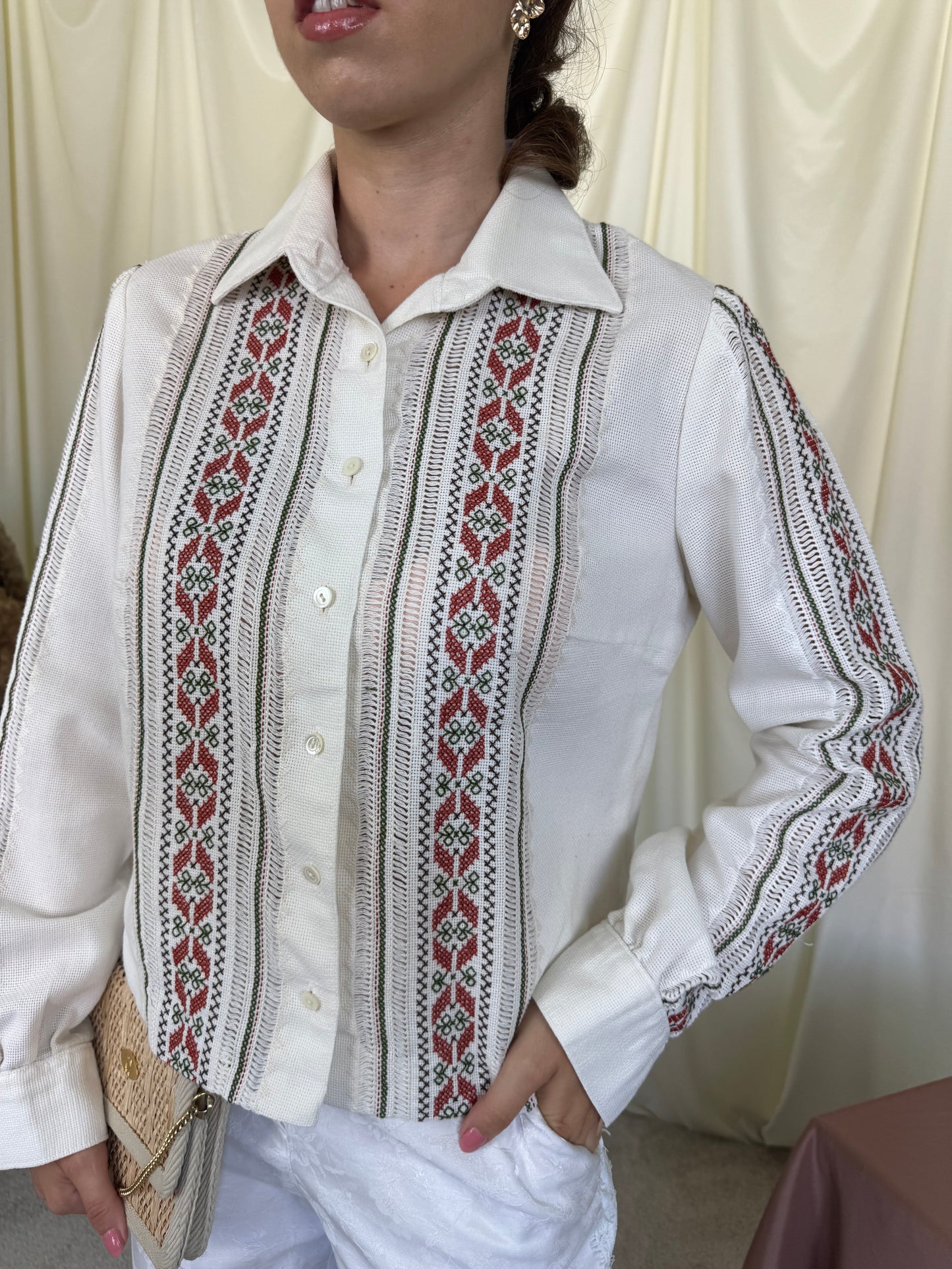 Cămașă vintage unicat din bumbac cu țesătură manuală superbă ( mărimea M)