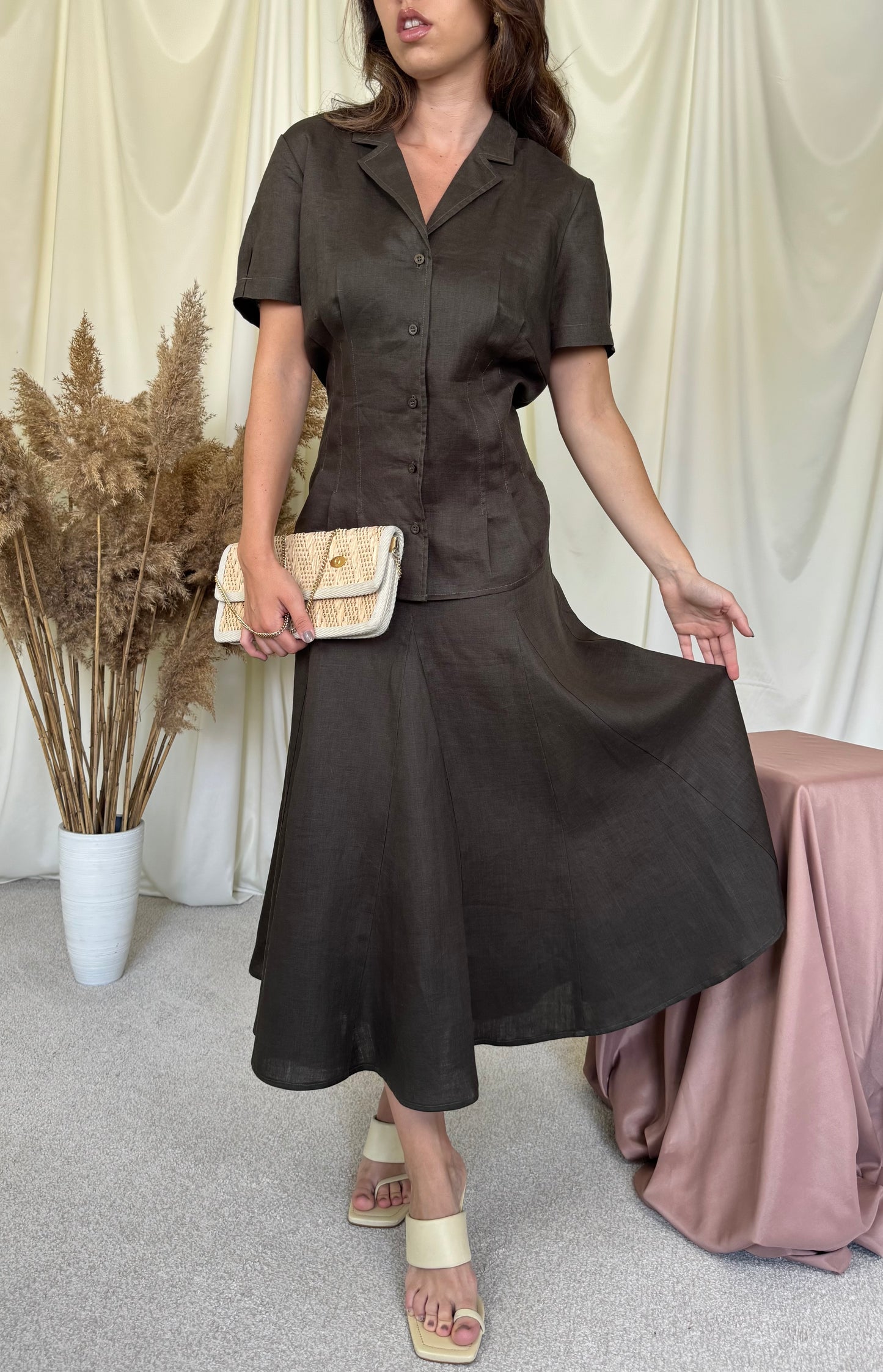 Set premium Madeleine din 100% in, cămașă + fusta amplă cu talie înaltă ( mărimea L/XL) -90 cm talie