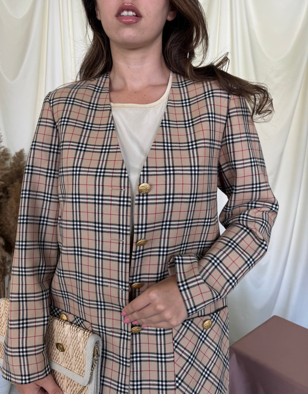 Sacou vintage cu print din 100% lână, nasturi metalici aurii ( mărimea M/40)