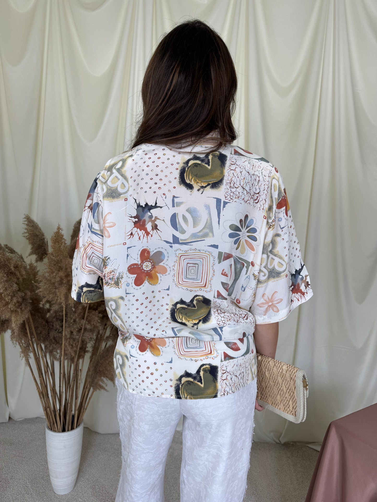 Cămașă vintage cu print din 100% mătase naturală ( mărimea XL-XXL)