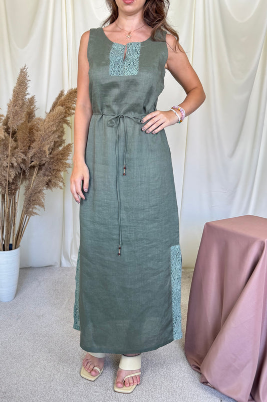 Rochie vintage din in și ramie cu detalii din macrame, cordon pentru ajustare ( mărimea M)
