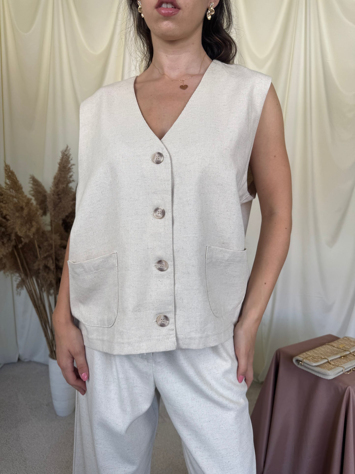 Set de vară : vestă + pantalon cu talie înaltă din vascoza și bumbac  ( mărimea L/XL ) -84 talie