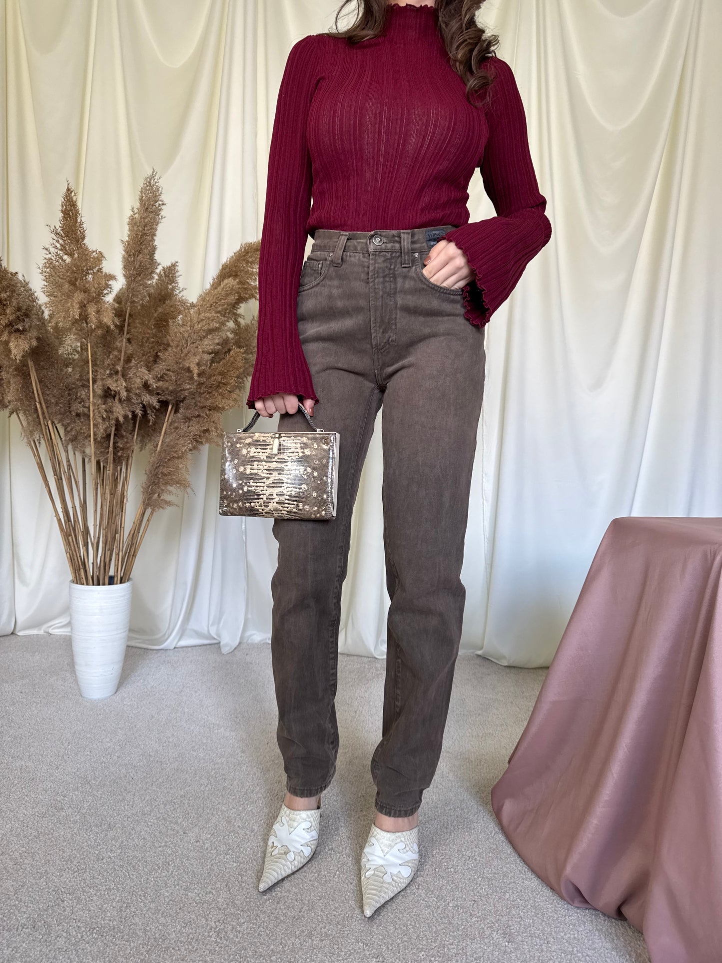 Blug vintage VERSACE cu talie înaltă, denim din bumbac ( XS/S)