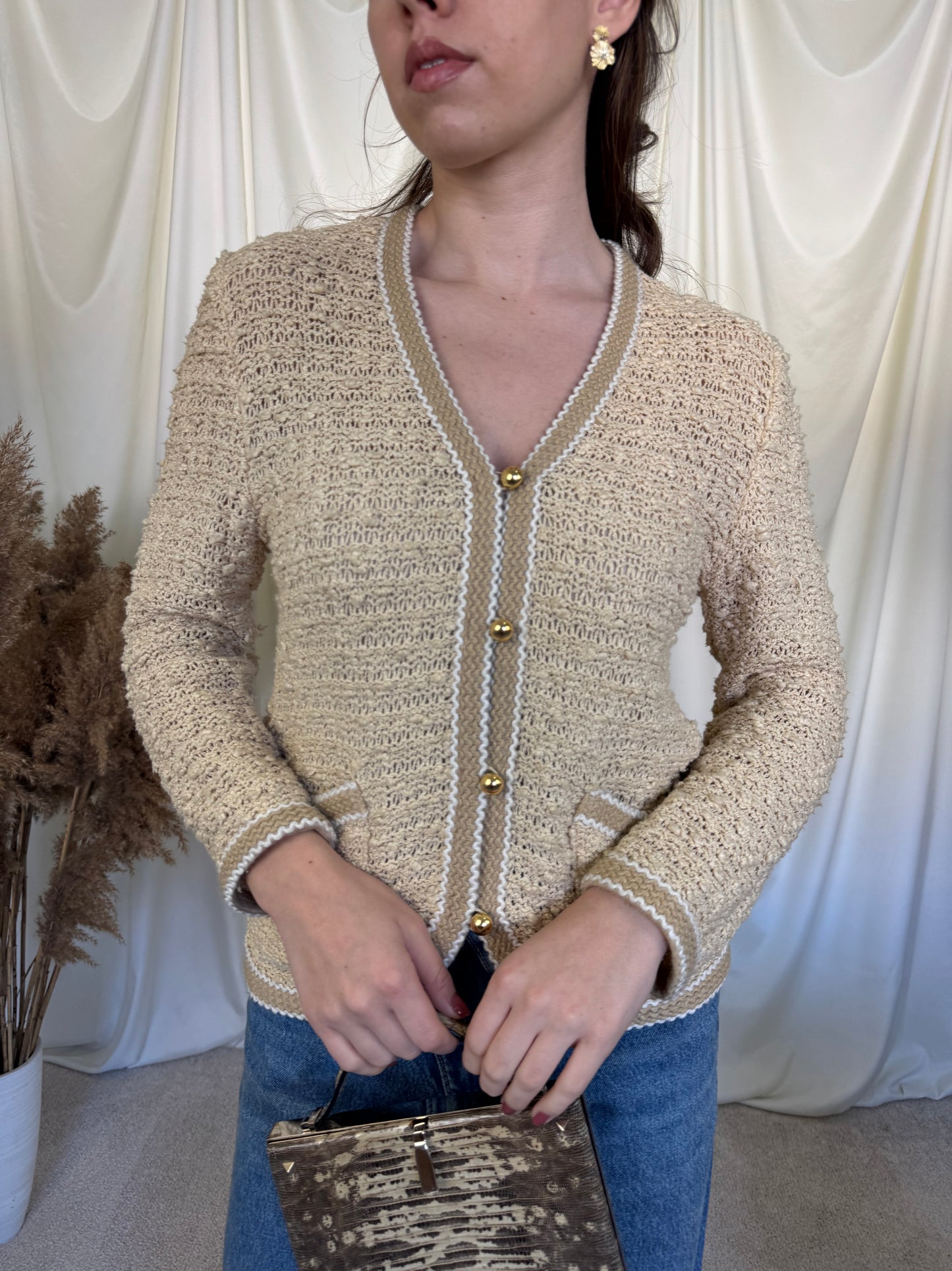 Cardigan superb vintage din bumbac și lână (mărimea S) stil chanel