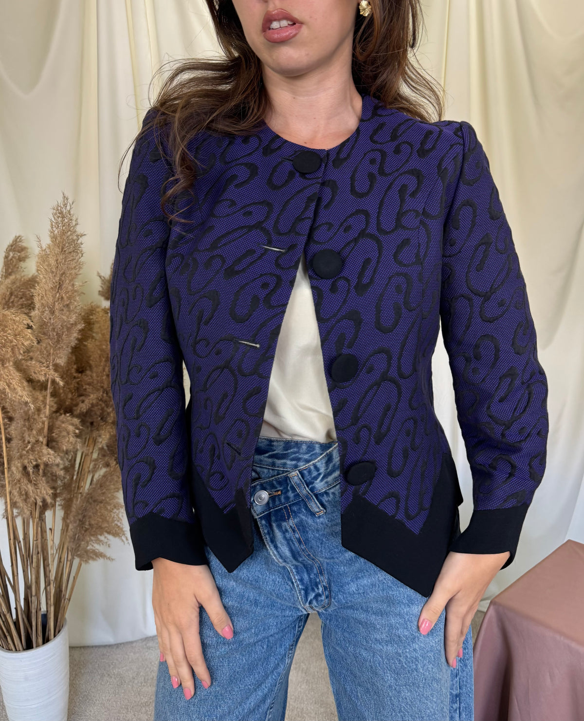 Sacou-jachetă luxury Pierre Cardin din stofă premium de lana și bumbac cu print, croi superb ( mărimea S)