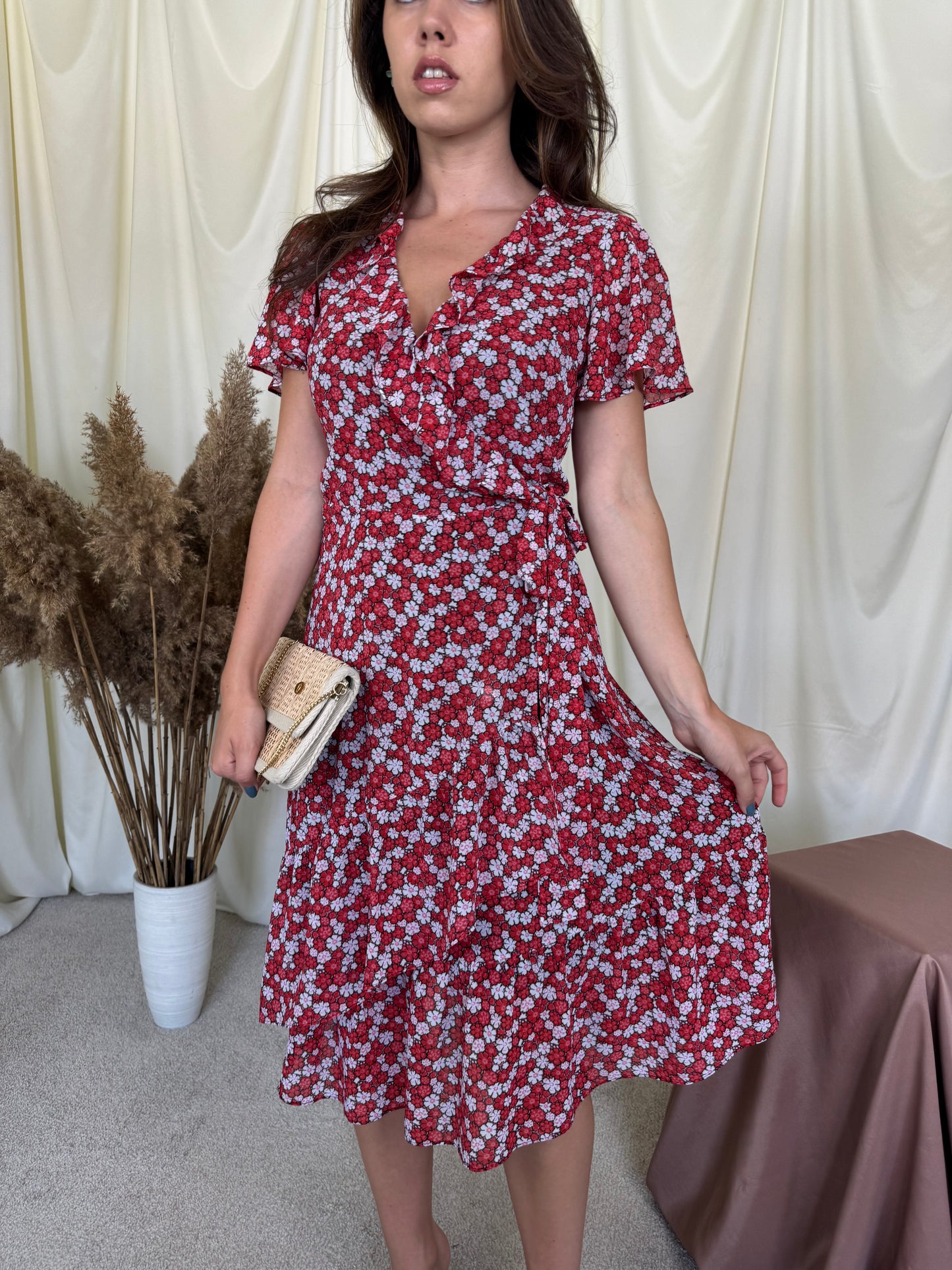 Rochie Michael Kors cu print floral, talie marcat, închidere parte peste parte ( mărimea S- S/M)