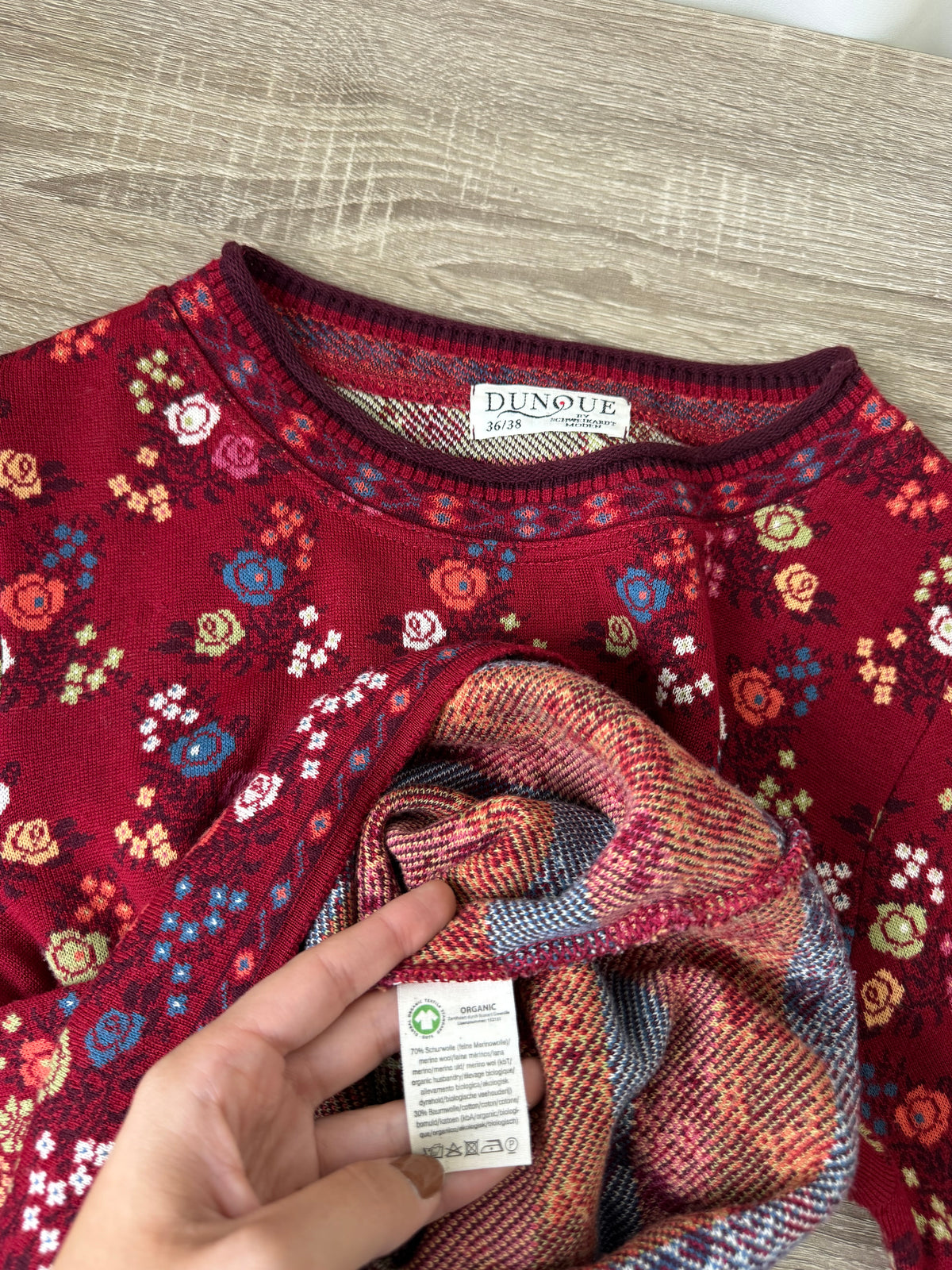 Pulover din lână moale și bumbac bio cu print floral, țesătură dublă ( mărimea S )