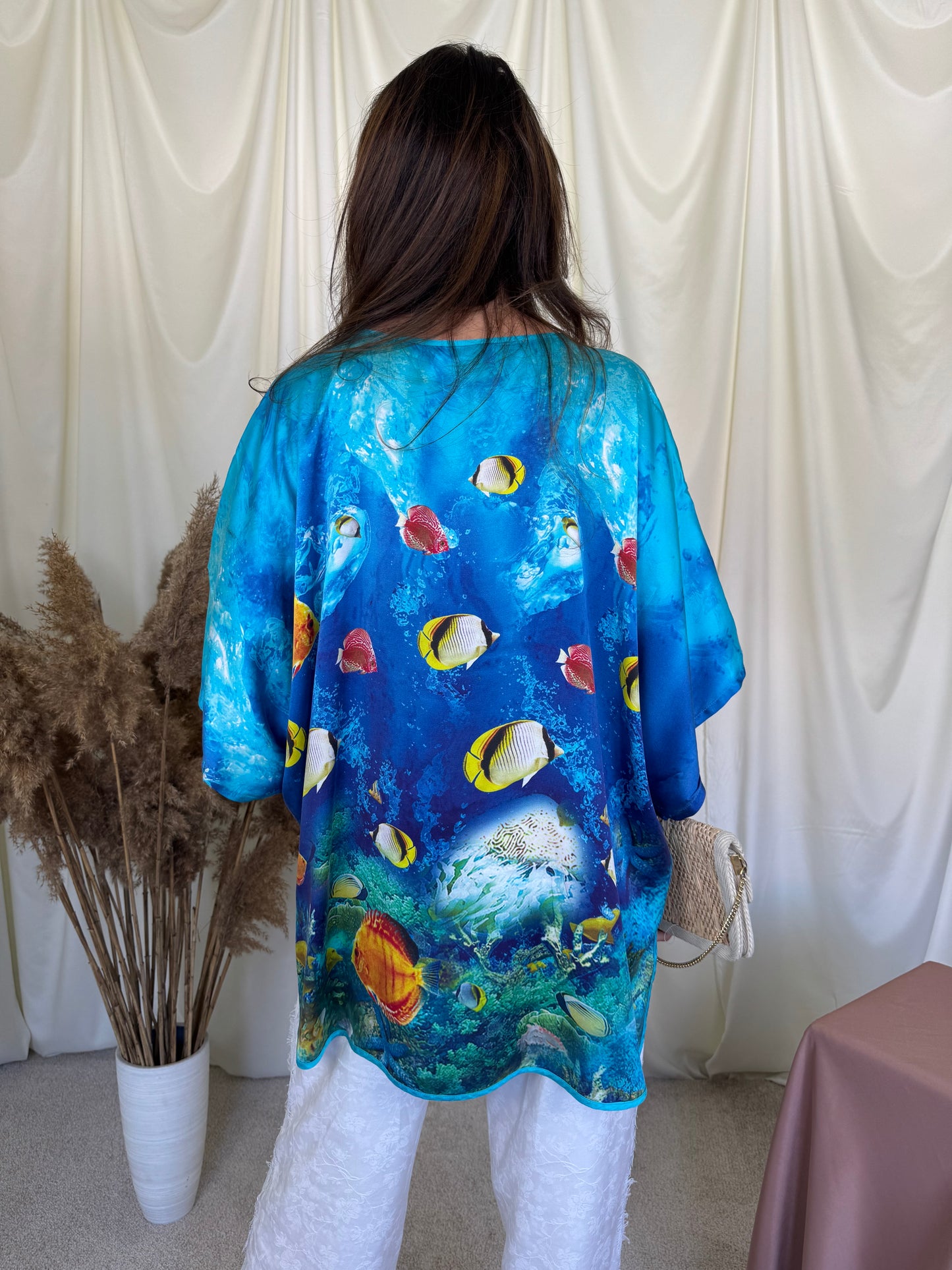 Cămașă cu print pești din 100% mătase naturală ( marimea S-XL)