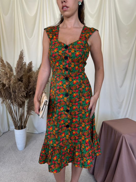 Rochie vintage din 100% bumbac cu print floral și talie marcata ( mărimea S)