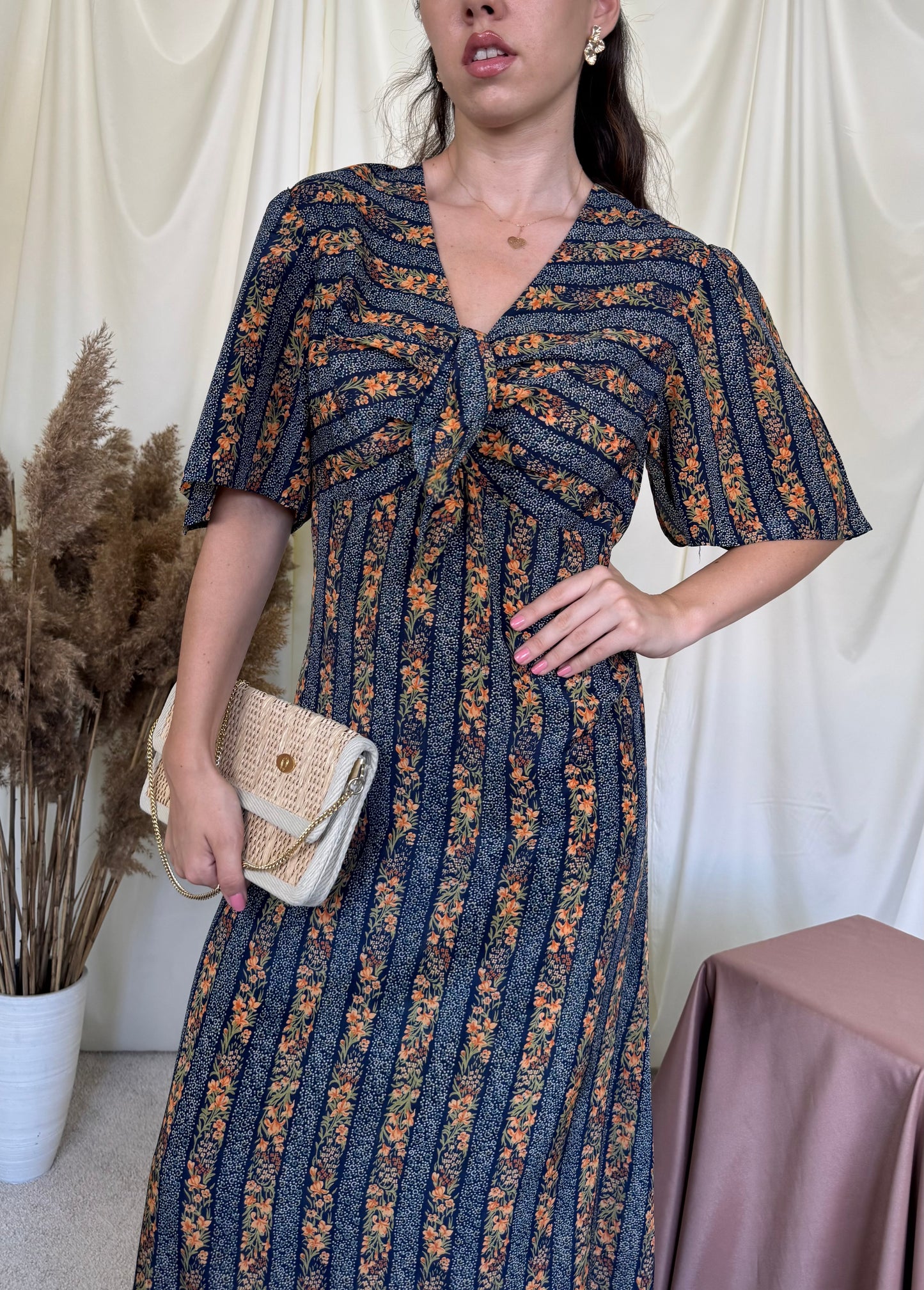 Rochie vintage din 100% matase naturala cu print, produs unicat ( mărimea M/L)
