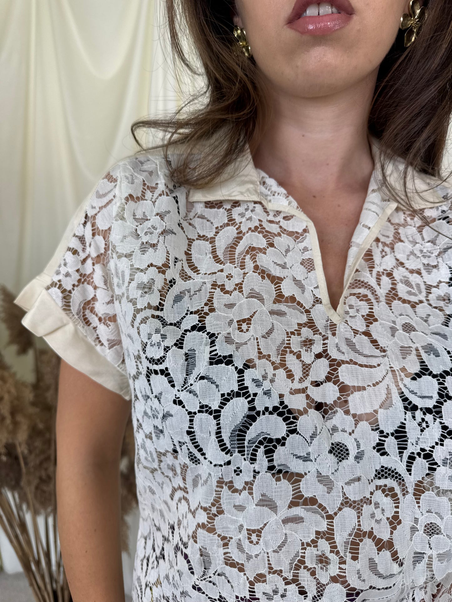 Tricou - bluză vintage din dantelă de bumbac, custom made ( mărimea S-M)
