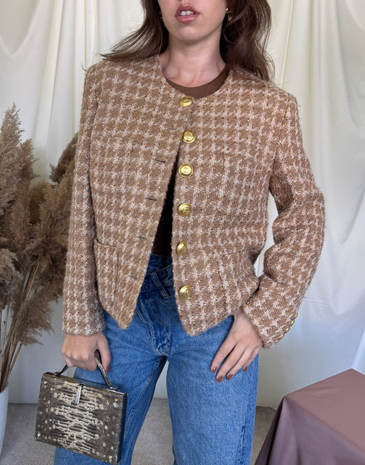 Sacou vintage tip jachetă din tweed de 76% lână, nasturi metalici tip bijuterie ( mărimea M/L)