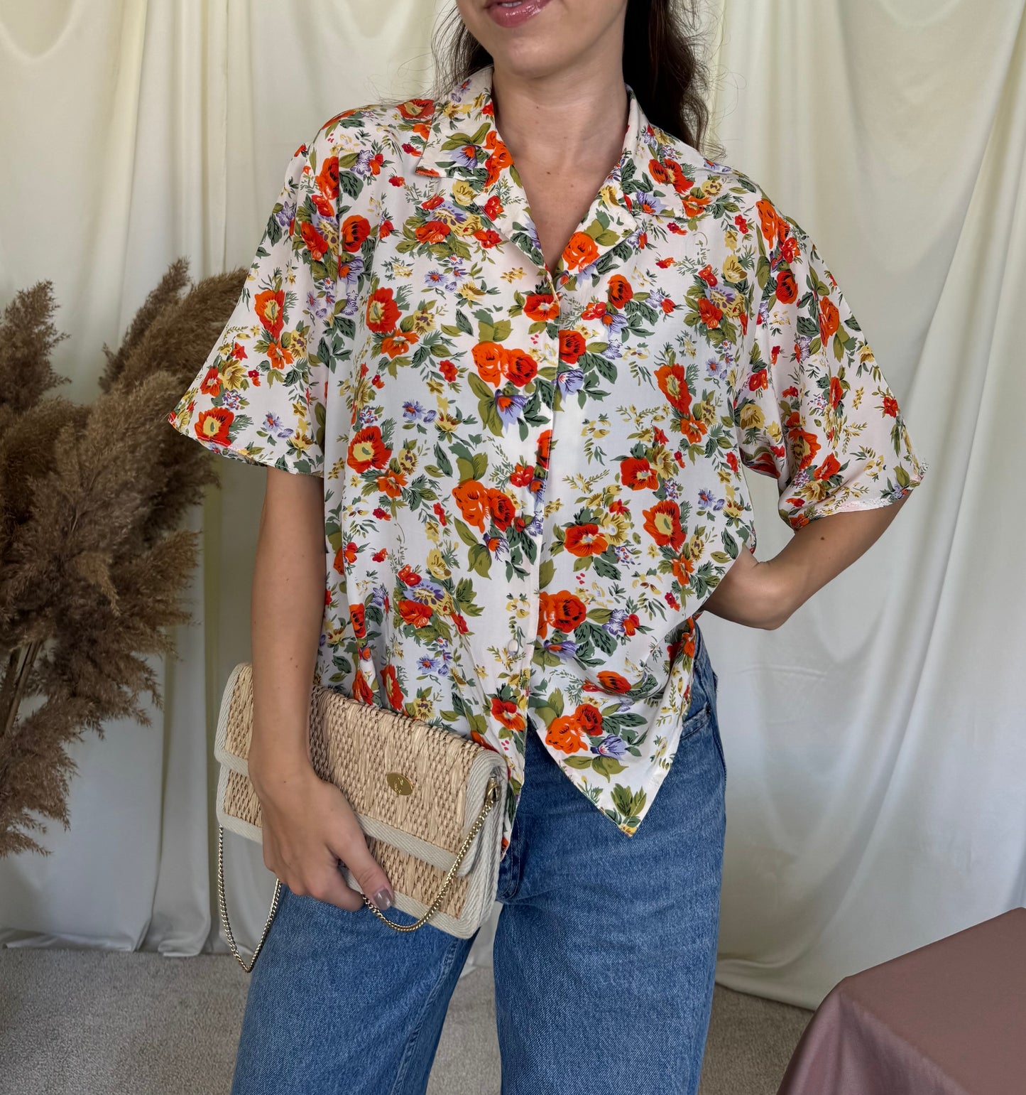 Cămașă vintage din 100% mătase naturală cu print floral, Alta Moda 
(Mărimea M/L)