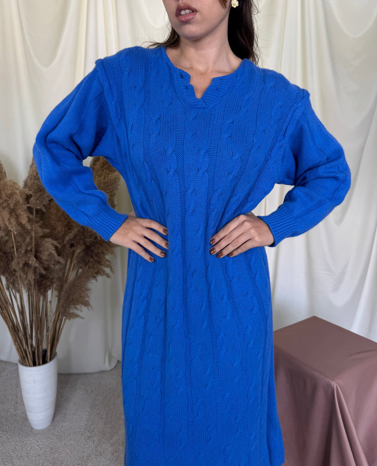 Rochie vintage tricotată din lana și cașmir , lungime maxi, albastru superb ( mărimea M/L)