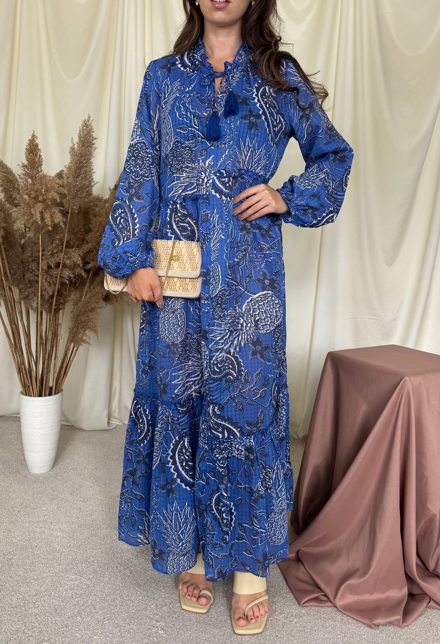 Rochie de vară cu print albastru, lungime maxi( mărimea L/LX)