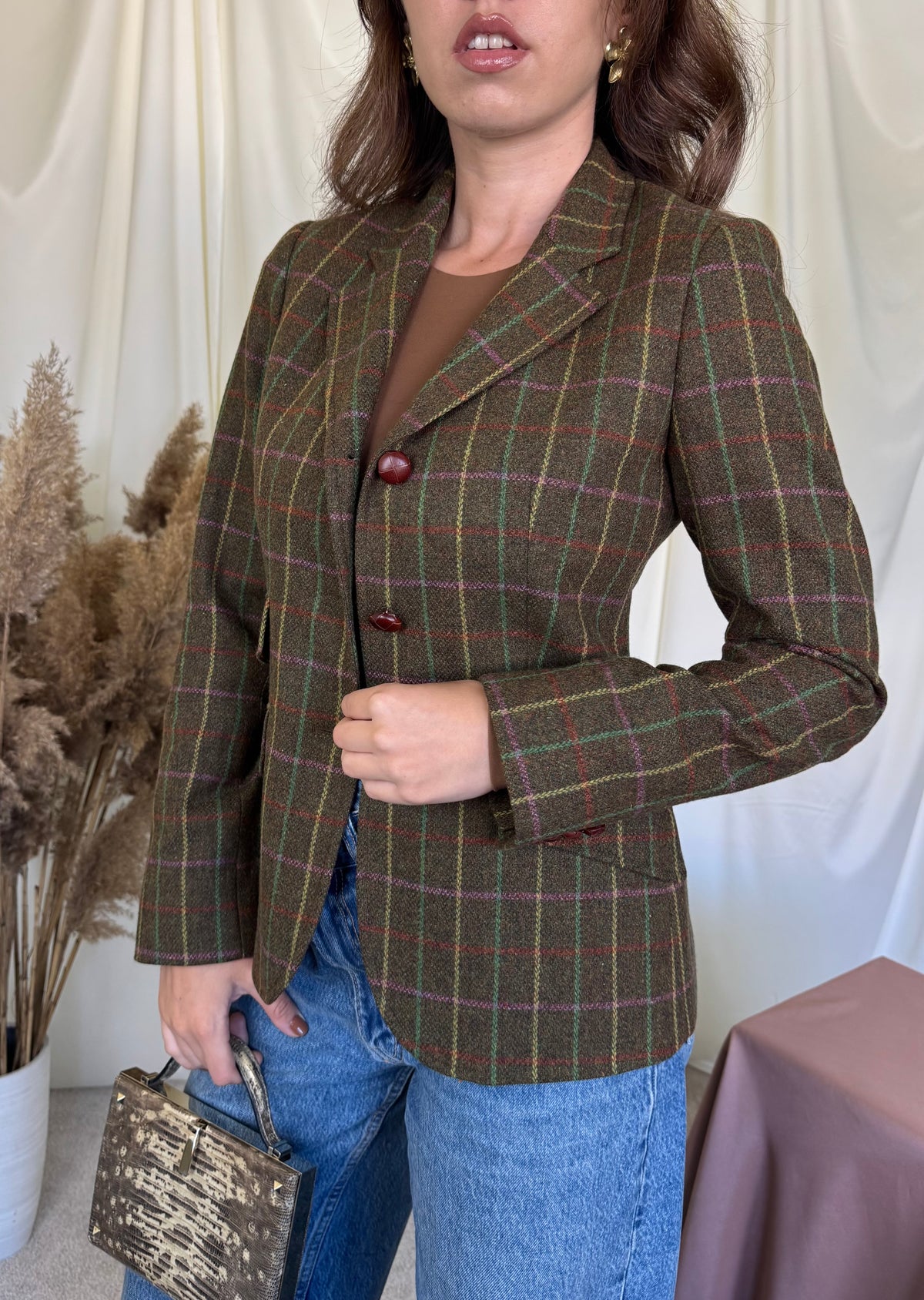 Back ! Sacou vintage din stofă cu print 100% lambswool, talie cambrata ( mărimea xs/s)