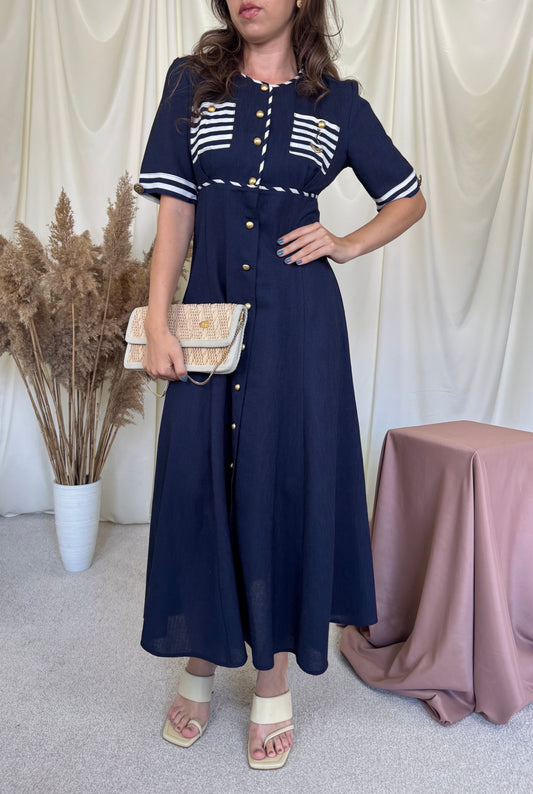 Rochie vintage cu nasturi metalici aurii, în stil marinăresc ( mărimea S/M)