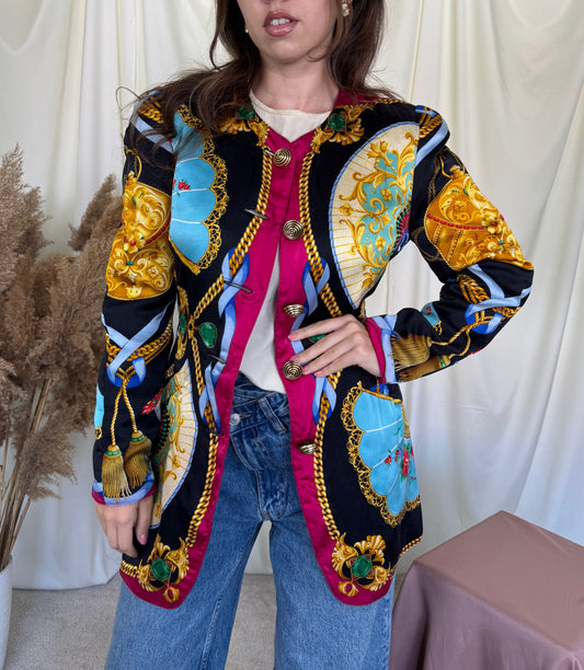 Jachetă spectaculoasă RENZO COUTURE din 100% mătase naturală, piesă vintage rară cu talie marcata și print superb ( mărimea S/M)