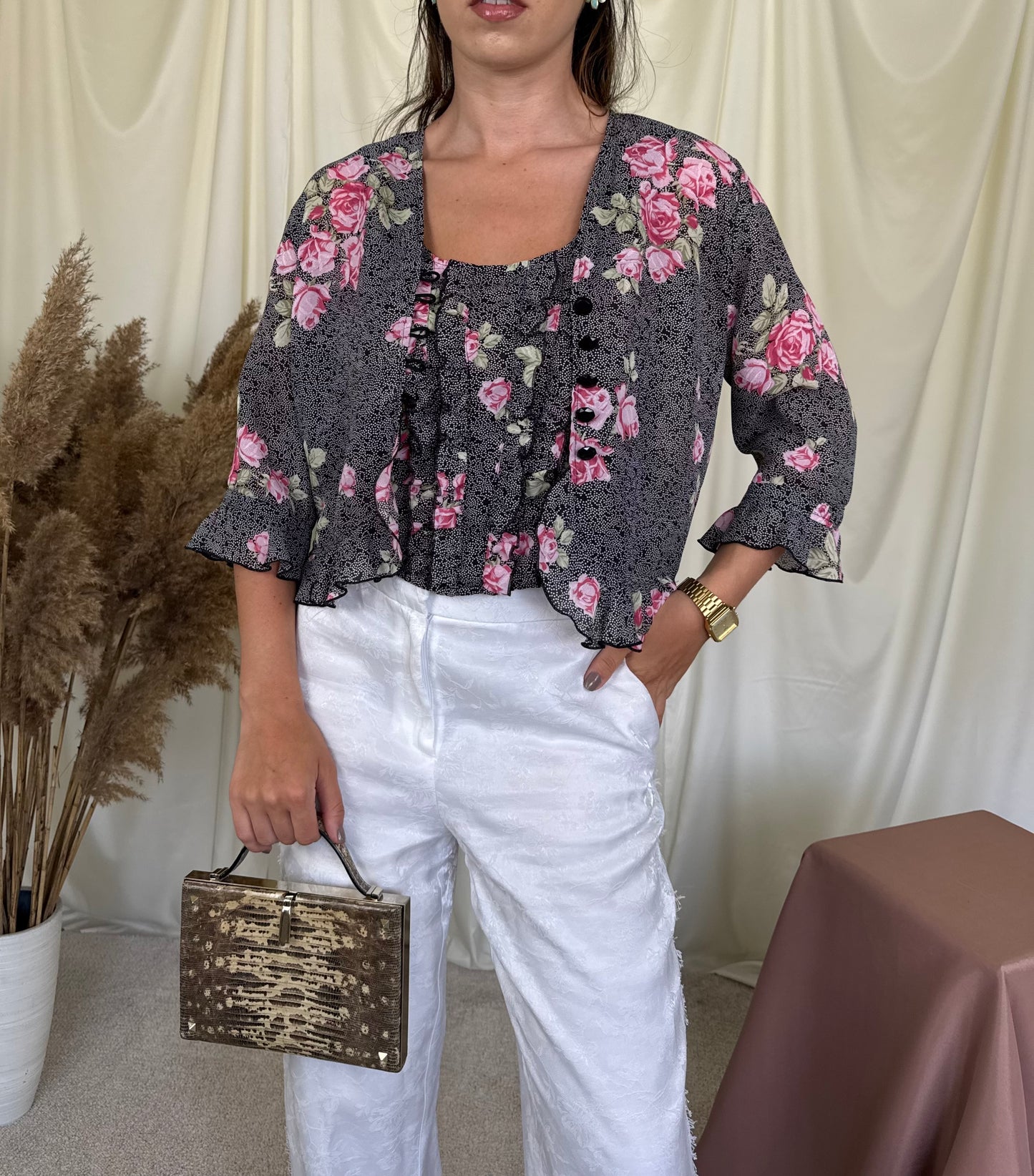 Set premium SPORTALM cu print floral: sacou + top tip corset 
(Mărimea S)