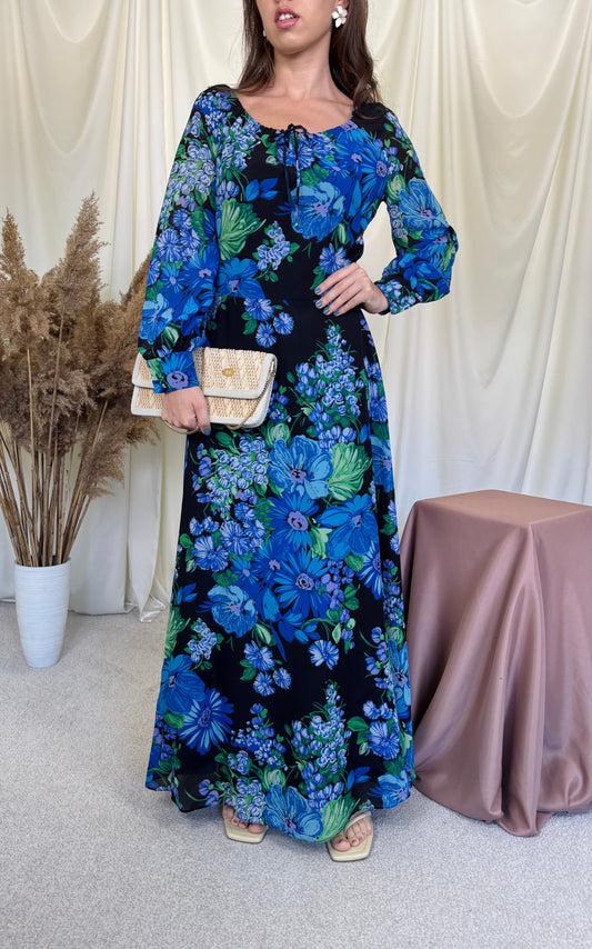 Rochie vintage cu print floral albastru și lungime maxi ( mărimea 40/M-L)