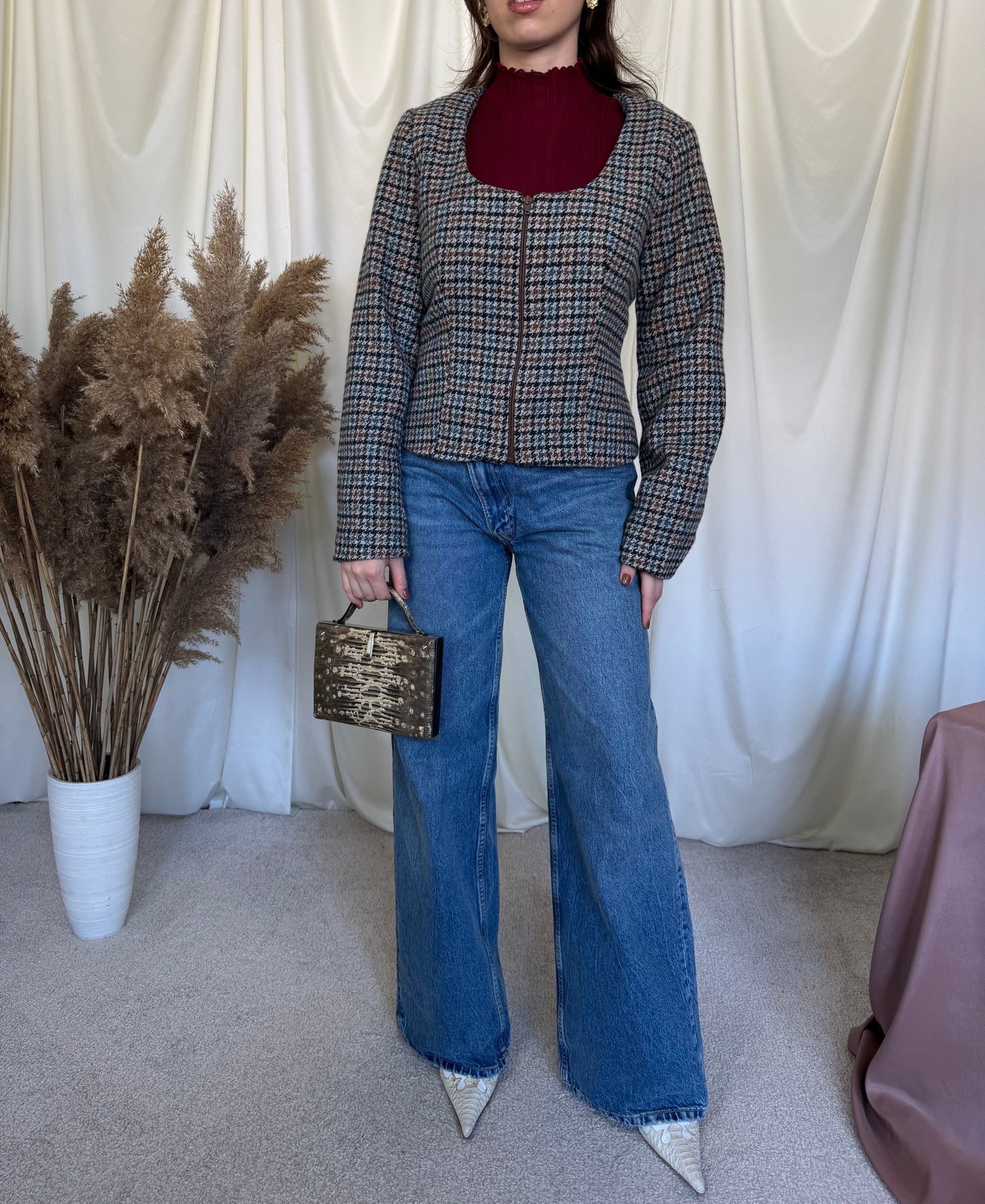 Sacou vintage- jacheta din stofă moale, închidere cu fermoar ( M/L)