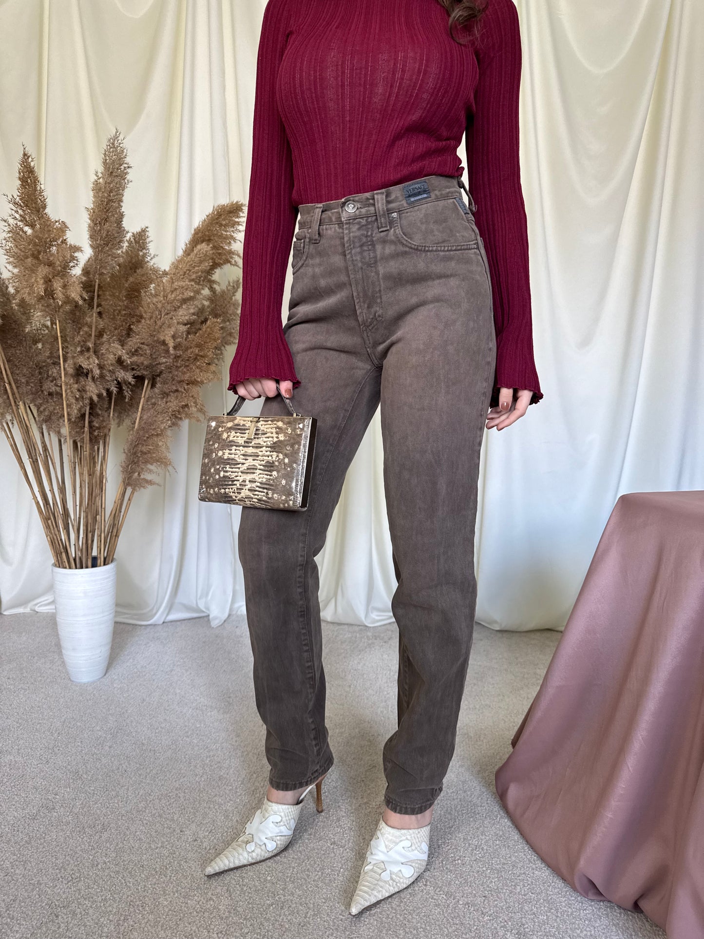 Blug vintage VERSACE cu talie înaltă, denim din bumbac ( XS/S)