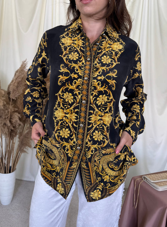 Cămașă vintage din 100% mătase naturala cu print baroc ( mărimea M/L)