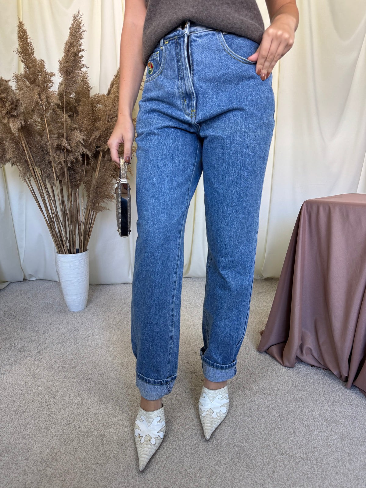 Blug vintage cu broderie și accesorii din 100% bumbac cu talie înaltă ( mărimea S)