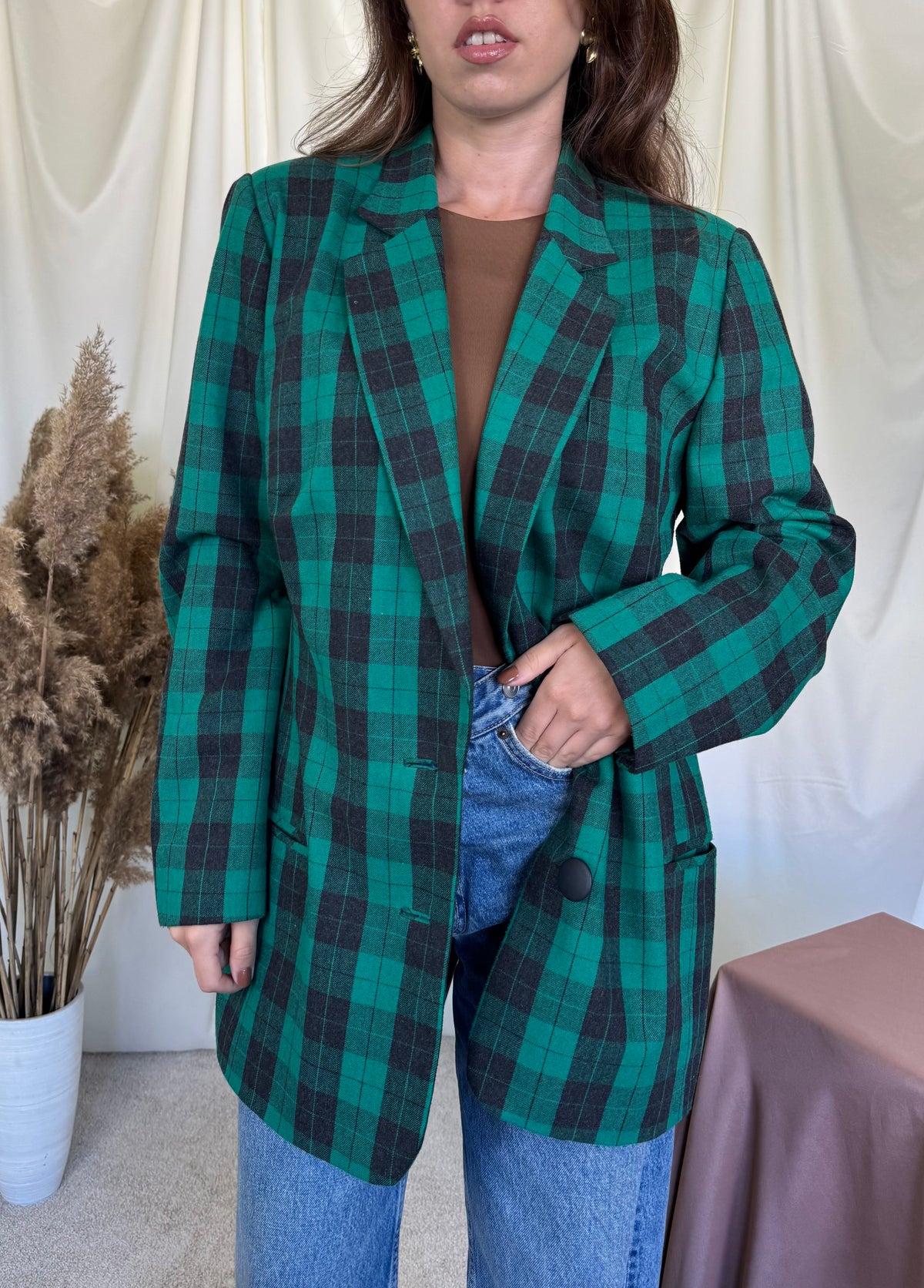 Sacou vintage din 100% lână cu print verde tartan, mai lung( mărimea L/XL)