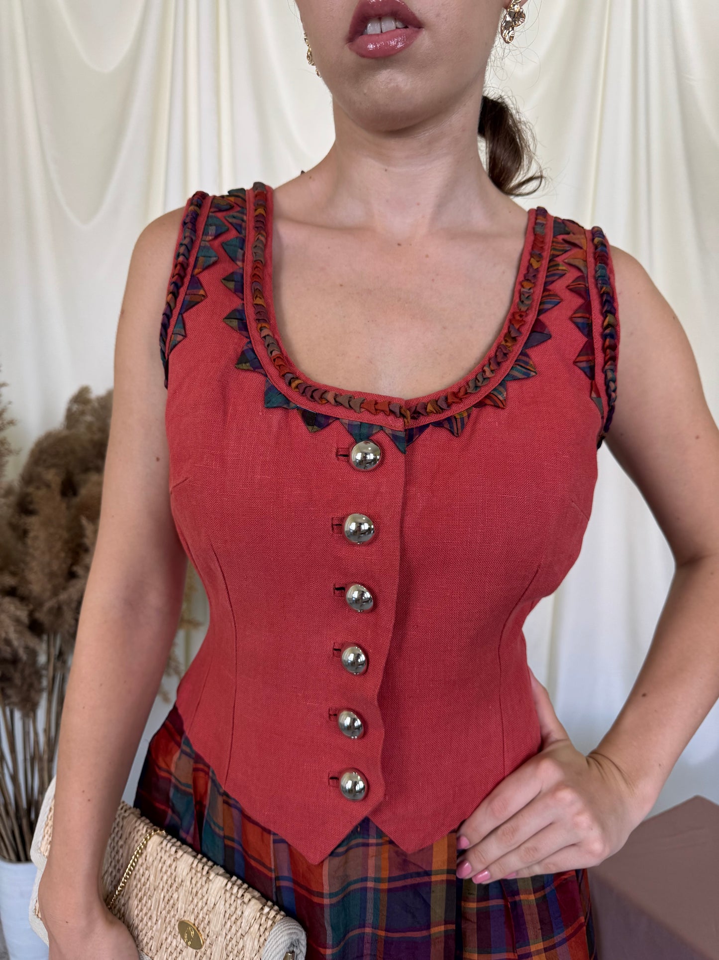 Rochie vintage din in si mătase naturala cu print ( mărimea M)-78 talie