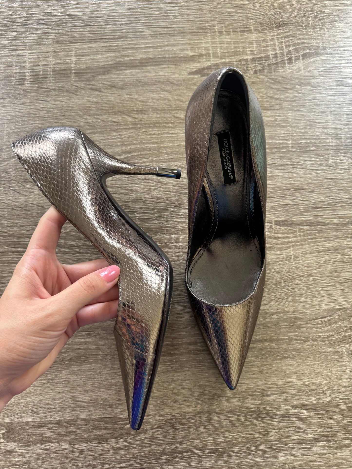 Pantofi stiletto DOLDE GABANNA din piele naturală metalică, snake, comozi( mărimea 38-39)