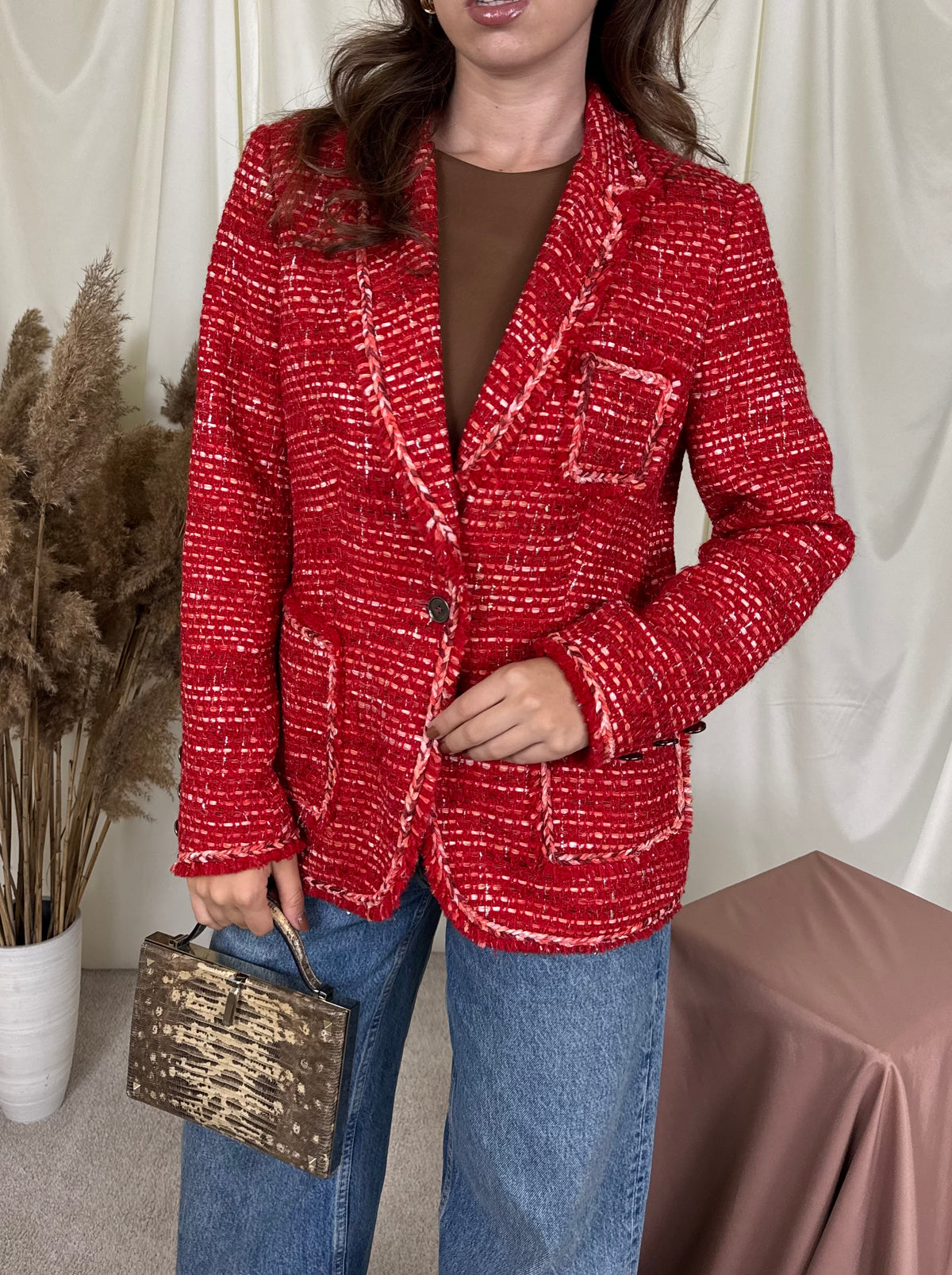 Sacou vintage din tweed roșu de 70% bumbac ( mărimea M)