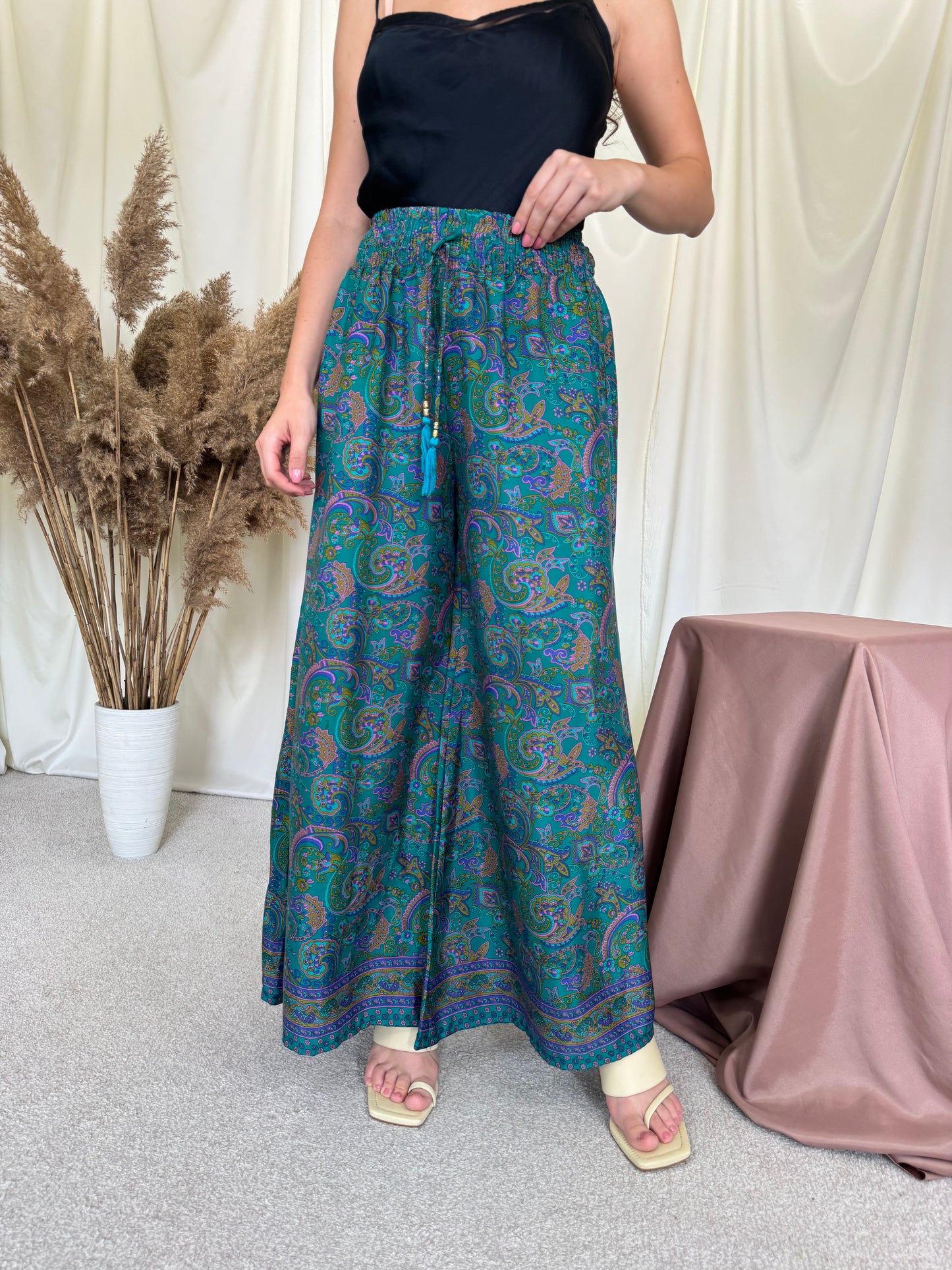Pantalon de vară din 100% mătase cu print, talie elastică ( mărime universală S-L)
