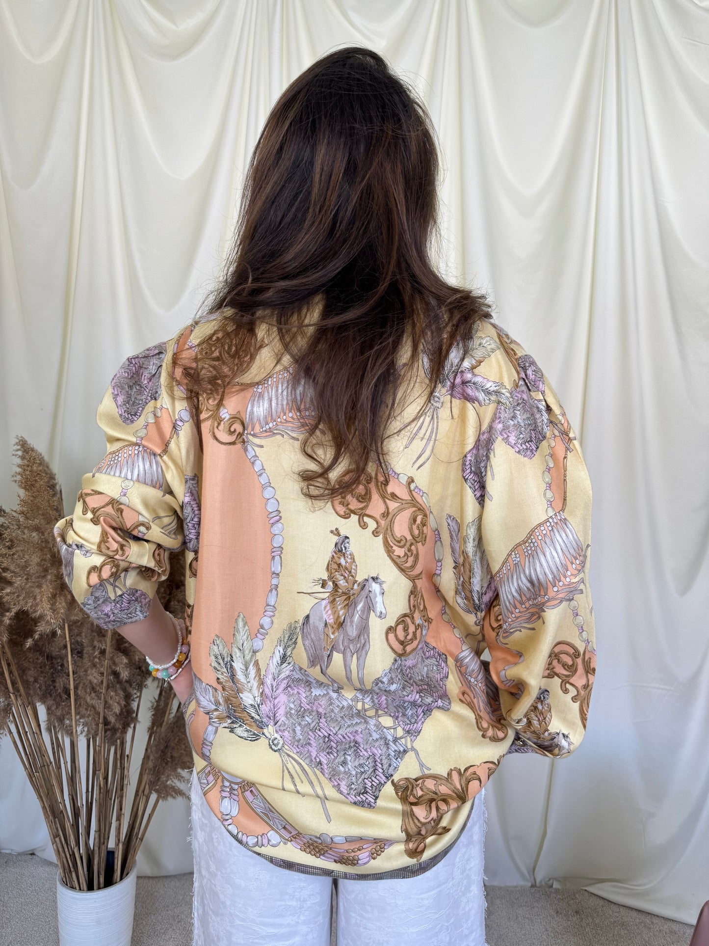 Sacou - cămașă vintage cu print ecvestru și nasturi aurii( mărimea XL)